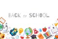 Back to School banner with backpack, globe, notebook and school supplies education vector illustration. Royalty Free Stock Photo