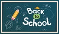 Back to school banner with a blue blackboard, orange pencil ,rockets, stars, planes and bulb