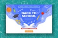 Back to school banner. Book, basketball ball, pen and school supplies on colorful background. Back to school education Royalty Free Stock Photo