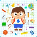 Back to school banner with boy, squared paper page background poster. Royalty Free Stock Photo