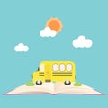 Back to school banner with school bus on open book Royalty Free Stock Photo