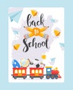 Back to school banner, children railway and red train with studies supplies, pen, ball, alarm, globe, flat vector