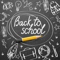 Back to school banner, doodle on chalkboard background, vector illustration. Royalty Free Stock Photo
