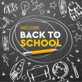 Back to school banner, doodle on chalkboard background, vector illustration. Royalty Free Stock Photo