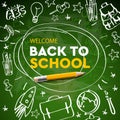 Back to school banner, doodle on green chalkboard background, vector illustration. Royalty Free Stock Photo