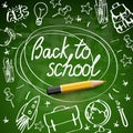 Back to school banner, doodle on green chalkboard background, vector illustration Royalty Free Stock Photo