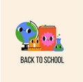 Back to school banner with funny cartoon objects. Globe, book, flask, ruler comic characters