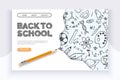 Back to school banner. Hand drawn educational supplies on list sheet and a pencil. Back to school education concept