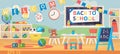 Back to school banner illustration. First School Day, Knowledge Day, September 1. Preschool classroom with desk, chairs