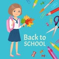 Back to school banner, poster. Happy smiling schoolgirl with backpack and a bouquet of autumn leaves.