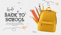 Back to school banner, poster. Yellow backpack, stationery, paper airplanes, doodle drawing, vector illustration