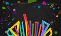 Back to school banner. Set of realistic colorful school supplies isolated on abstract black chalkboard background with paint splas Royalty Free Stock Photo