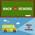 Back to school banner set. Yellow school bus. Light from headlights. Green board with chalk on the wall. Cartoon clipart. Royalty Free Stock Photo