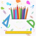Back to school banner template with colorful pencils, measure rulers, protractors isolated on abstract white background with grid Royalty Free Stock Photo