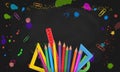 Back to school banner template design with frame from realistic colorful pencils, measure rulers, protractors isolated black Royalty Free Stock Photo