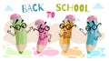 Back to school banner template. Funny pencils in glasses characters on the bright colorful background.