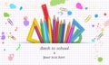 Back to School banner template with realistic colorful school supplies isolated on abstract white background with grid paper Royalty Free Stock Photo