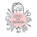 Back to School banner with texture from colorful line art icons of of education, science objects and office supplies on Royalty Free Stock Photo