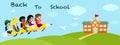 Back to school banner vector illustration, happy five student children flying with pencil on blue sky, diversity education