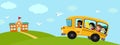 Back to school banner vector illustration, happy five student children on yellow bus go to school with blue sky, clouds and paper