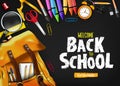 Back to School In Black Background Banner with Orange Backpack and School Supplies Royalty Free Stock Photo