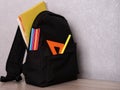 Back to School Black Backpack with Ruler Bright Pens Notebooks and Book