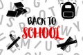 Back to School black design template for banner poster, black color bag, pencils, rulers and book on alphabets background Royalty Free Stock Photo