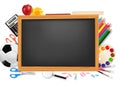 Back to school. Black desk with supplies. Vector.
