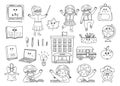 Back to school black and white kawaii vector set of elements. Educational clipart collection with cute line smiling objects.