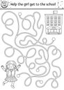 Back to school black and white maze for children. Preschool outline printable educational activity or coloring page. Funny puzzle