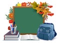 Back to school. Blackboard, backpack, books on background autumn leaves Royalty Free Stock Photo