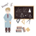 Back to school with blackboard and scientist illustration. Cartoon math teacher clipart, learning mathematic, lecturers teaching