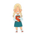 Back to School with Blond Girl in Blue Uniform Holding Book Vector Illustration