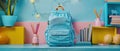 back to school. blue backpack with pencils and