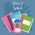 Back to school, books notebooks and color pencils elementary education cartoon