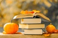 Back to school. Books and pumpkins set in autumn garden with the rays of the sun.Start school and college season.Books Royalty Free Stock Photo