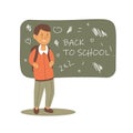 Back to school, boy cartoon character near the board