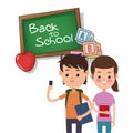 Back to school boy and girl board apple alphabet cube Royalty Free Stock Photo