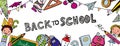 Back to school -boy and girl colorful hand drawn cartoon school objects Royalty Free Stock Photo