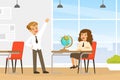 Back to School with Boy Raising Hand and Girl Sitting at Desk in Classroom Vector Illustration Royalty Free Stock Photo