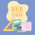 Back to school, calculator ruler pencil and paper education cartoon