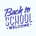 Back to school card with cyan color emblem consisting sign welco