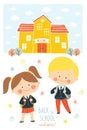 Back to school card design. Children going to school in school uniforms and with schoolbags. Preschool girl and boy in Royalty Free Stock Photo