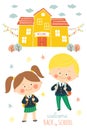 Back to school card design. Children going to school in school uniforms and with schoolbags. Preschool girl and boy in Royalty Free Stock Photo