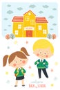 Back to school card design. Children going to school in school uniforms and with schoolbags. Preschool girl and boy in Royalty Free Stock Photo