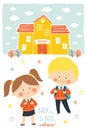 Back to school card design. Children going to school in school uniforms and with schoolbags. Preschool girl and boy in