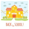 Back to school card design. Funny cartoon hand drawn school building over landscape background. Cartoon vector clip art