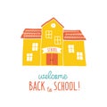 Back to school card design. Funny cartoon hand drawn school building over landscape background. Cartoon vector clip art Royalty Free Stock Photo