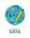 Back to school card papercut child supplies icons