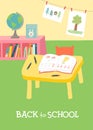 Back to school card, poster design. Kindergarten Preschool Classroom Interior.